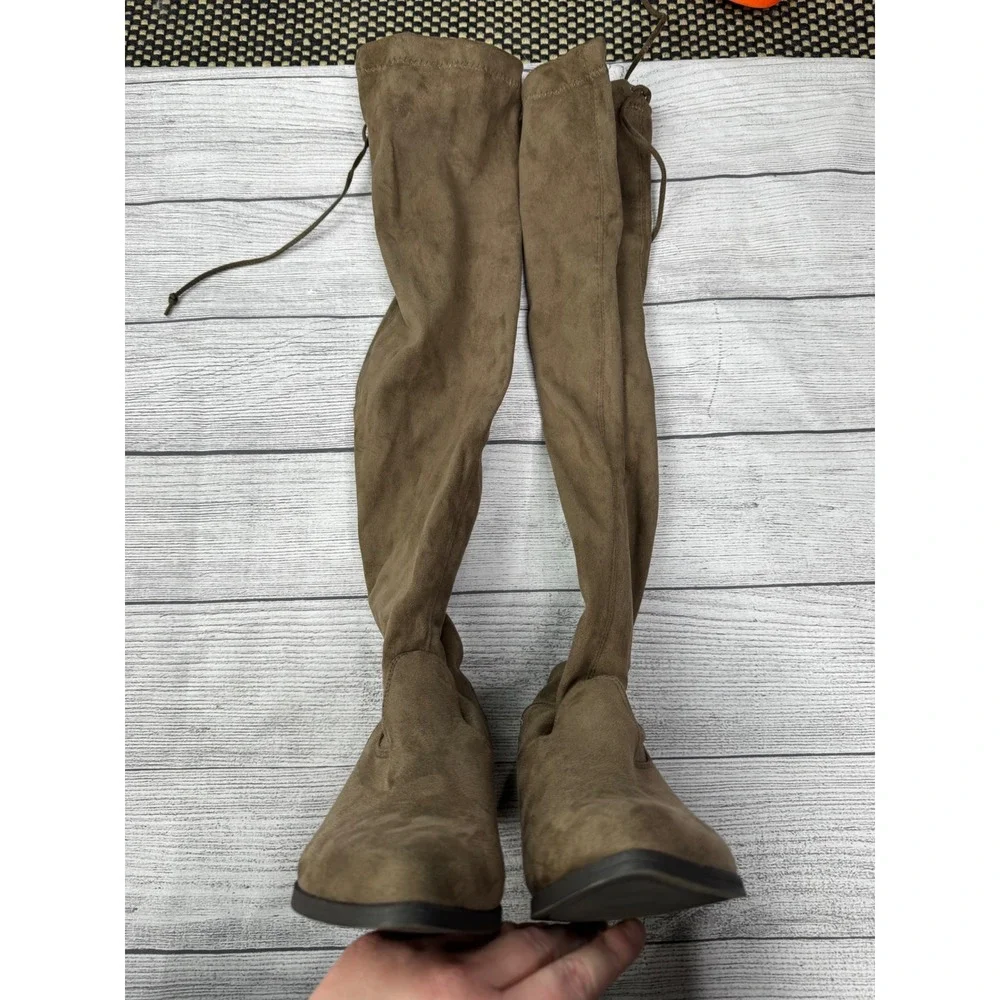Womens Taupe Faux Suede Over The Knee OTK Boots Low Block Heel Back Tie Sz 8.5